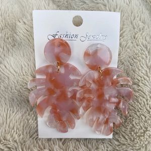 Pearlized Pink Palm Leaf Dangle Earrings